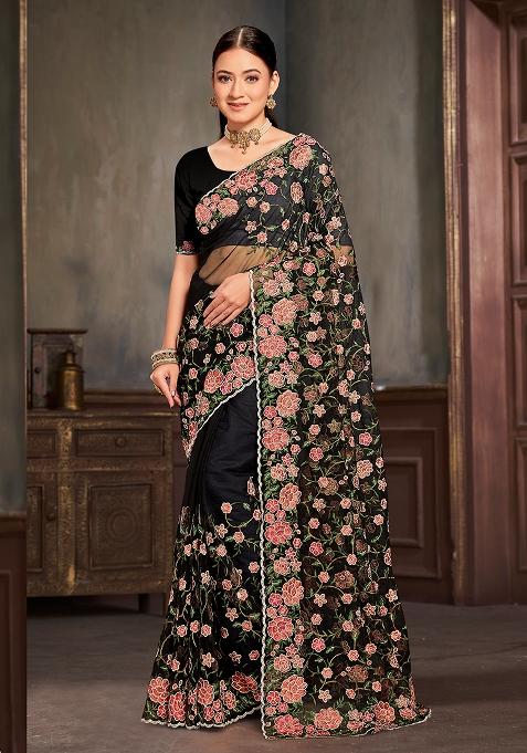 Black Embroidered Net Saree Set