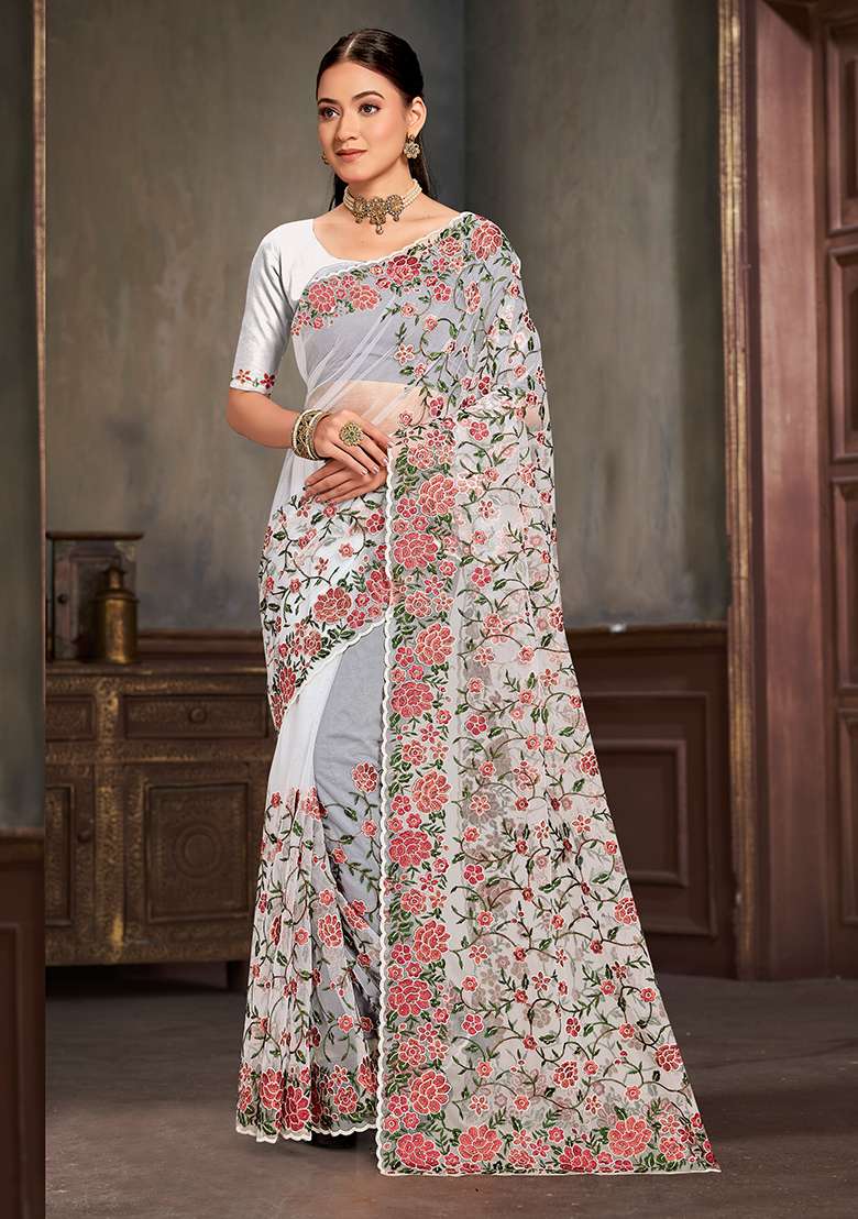 White Embroidered Net Saree Set for Diwali and Festive Wear - Indya