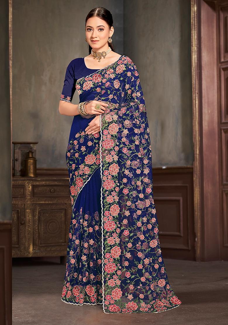 Navy Embroidered Net Saree Set