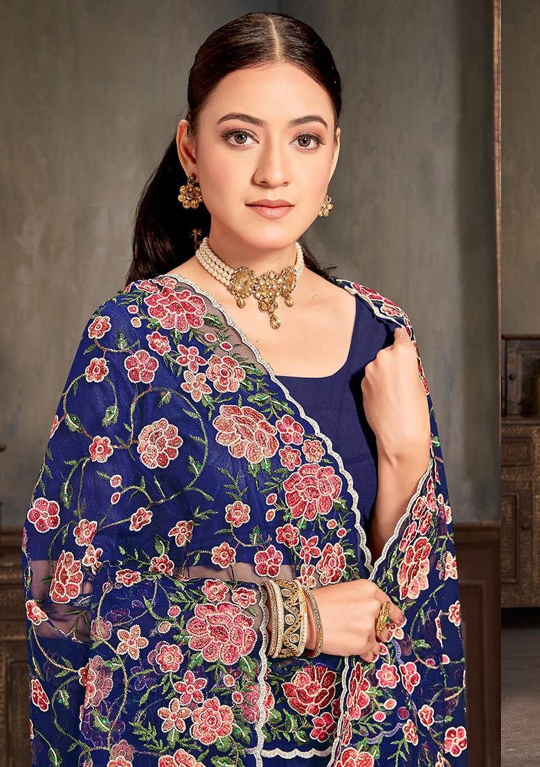 Navy Embroidered Net Saree Set