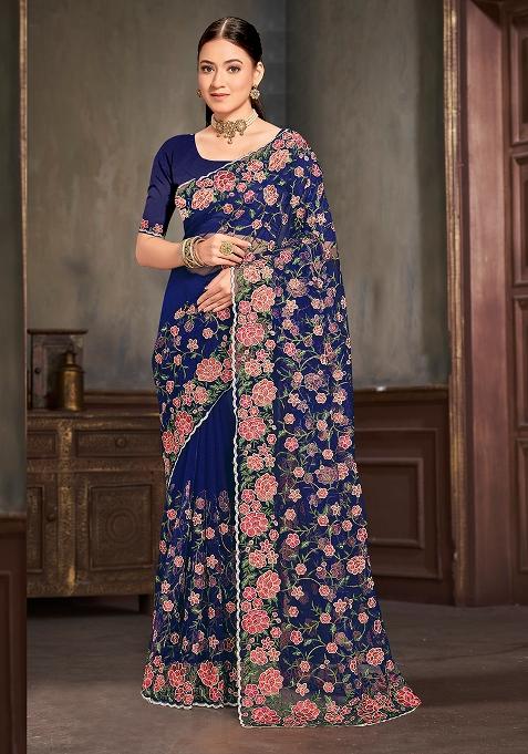 Navy Embroidered Net Saree Set
