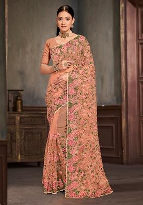 Dusty Peach Embroidered Net Saree Set