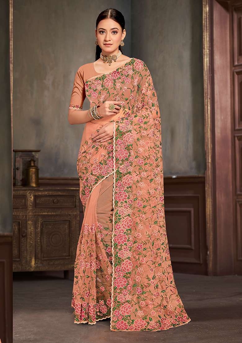 Dusty Peach Net Saree Set with Embroidered for Diwali | Wedding & Festive Wear - Indya