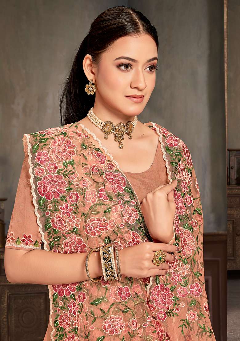 Dusty Peach Net Saree Set with Embroidered for Diwali | Wedding & Festive Wear - Indya