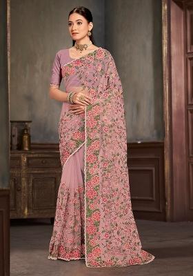 Lavender Embroidered Net Saree Set