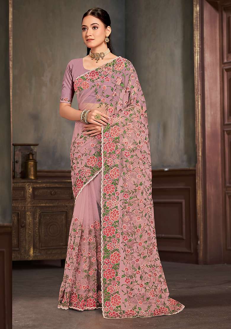 Lavender Net Saree Set with Embroidered for Diwali | Wedding & Festive Wear - Indya