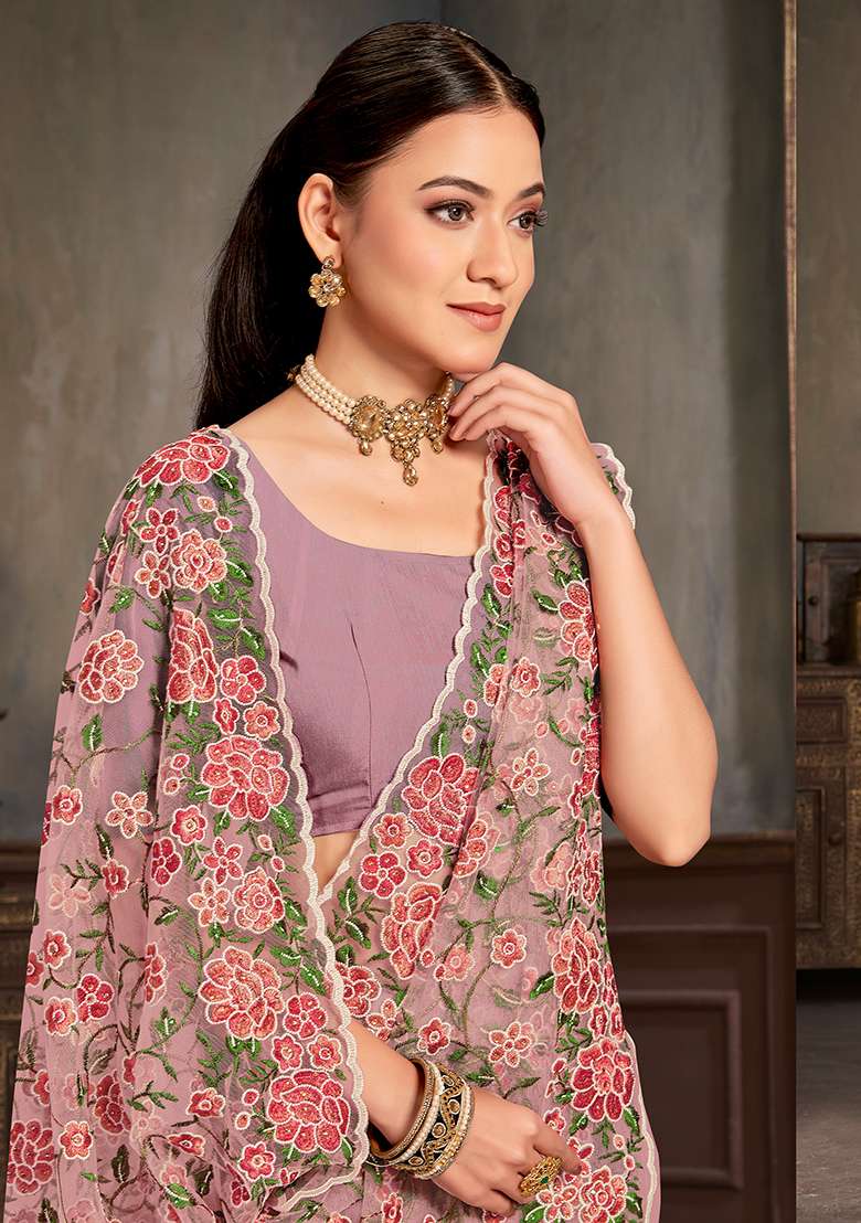 Lavender Net Saree Set with Embroidered for Diwali | Wedding & Festive Wear - Indya