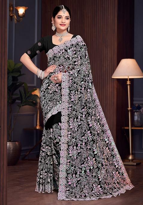 Black Embroidered Gorgette Saree Set