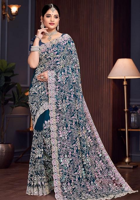 Morpeach Embroidered Gorgette Saree Set