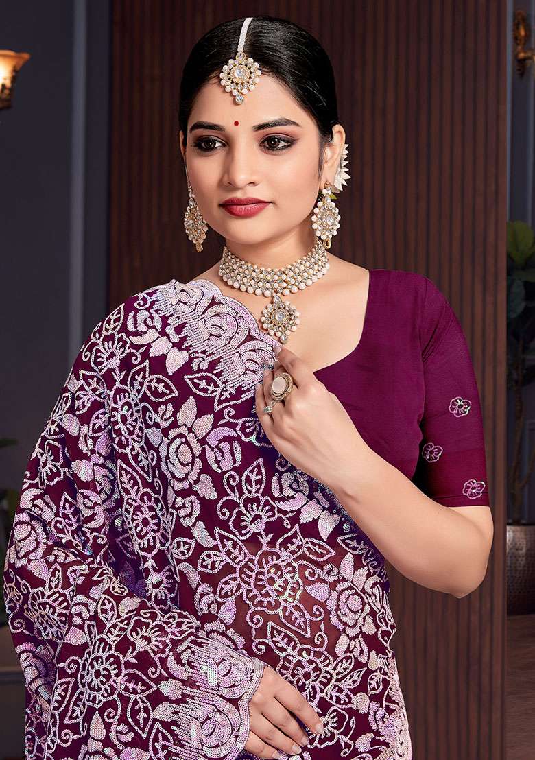Wine Embroidered Gorgette Saree Set for Diwali and Festive Wear - Indya