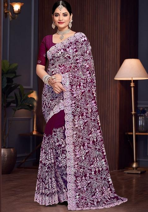 Wine Embroidered Gorgette Saree Set