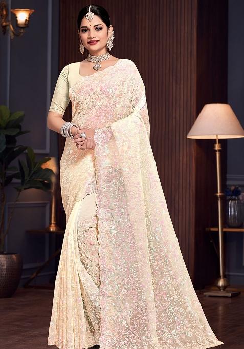 Yellow Embroidered Gorgette Saree Set