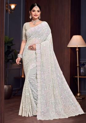 Dusty Pista Embroidered Gorgette Saree Set