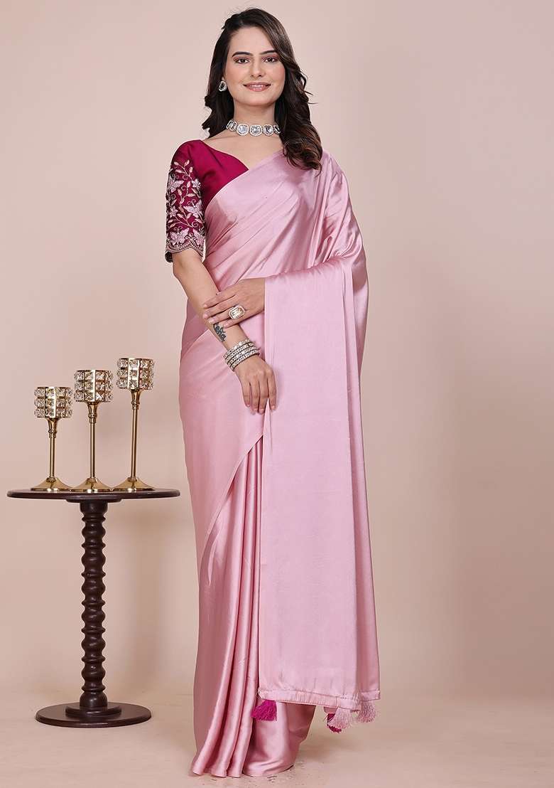 Baby Pink Embroidered Satin Saree Set - Indya