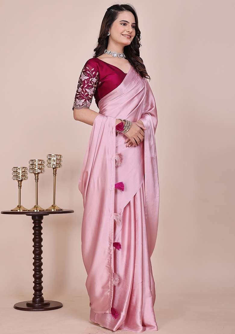 Baby Pink Embroidered Satin Saree Set - Indya