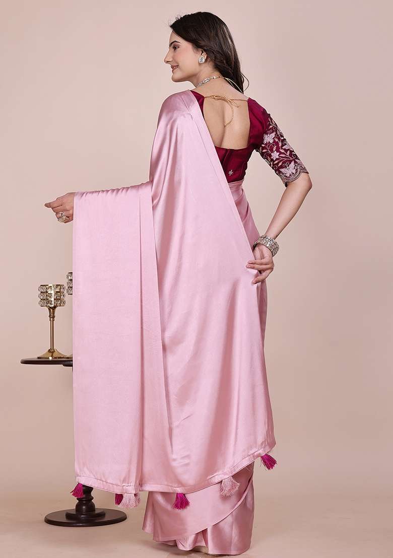 Baby Pink Embroidered Satin Saree Set - Indya