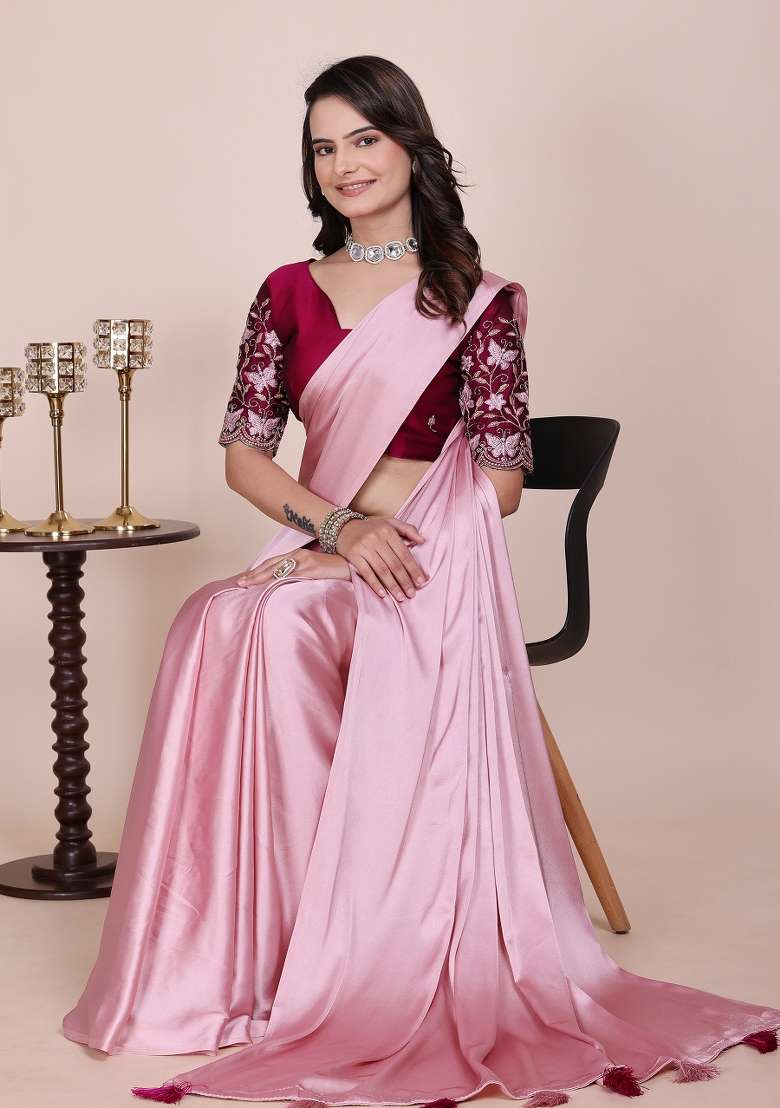 Baby Pink Embroidered Satin Saree Set - Indya