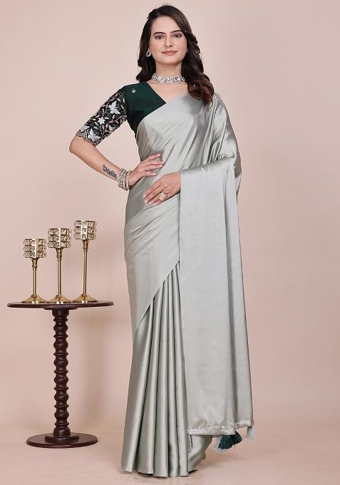 Pista Embroidered Satin Saree Set