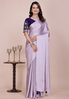 Purple Embroidered Satin Saree Set