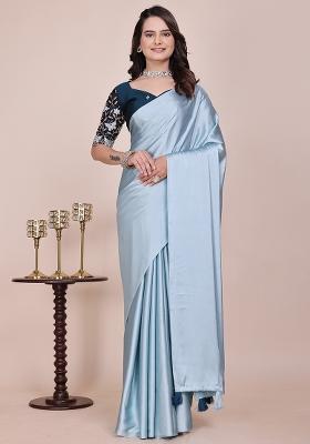 Sky Embroidered Satin Saree Set