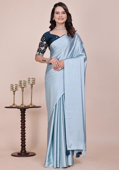 Sky Embroidered Satin Saree Set