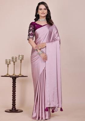 Wine Embroidered Satin Saree Set