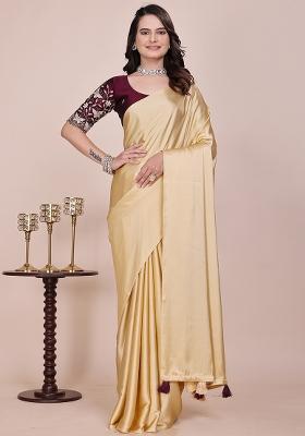 Yellow Embroidered Satin Saree Set