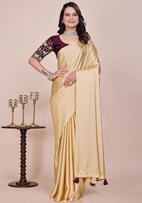 Yellow Embroidered Satin Saree Set