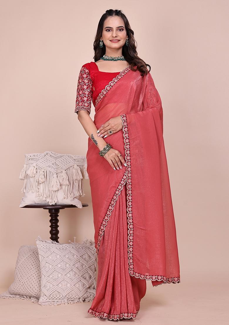 Dusty Gajri Embroidered Tissue Crush Saree Set