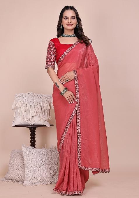 Dusty Gajri Embroidered Tissue Crush Saree Set