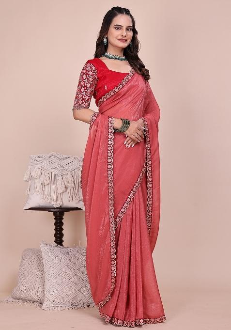 Dusty Gajri Embroidered Tissue Crush Saree Set