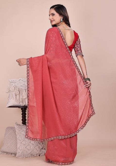 Dusty Gajri Embroidered Tissue Crush Saree Set