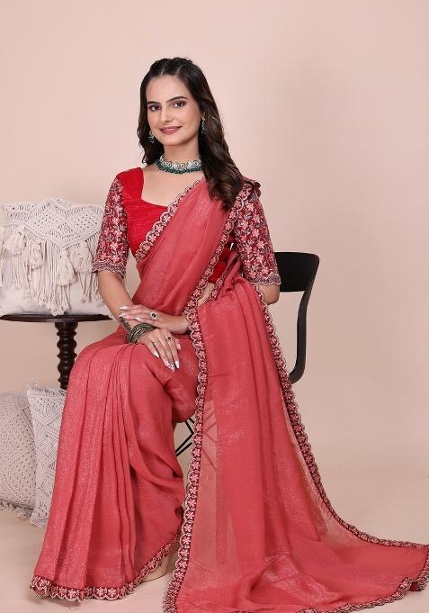 Dusty Gajri Embroidered Tissue Crush Saree Set