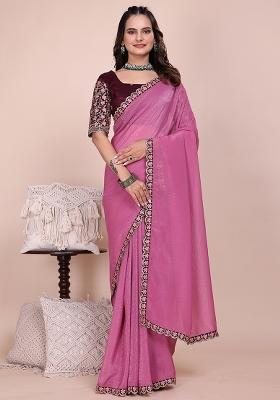 Dusty Pink Embroidered Tissue Crush Saree Set