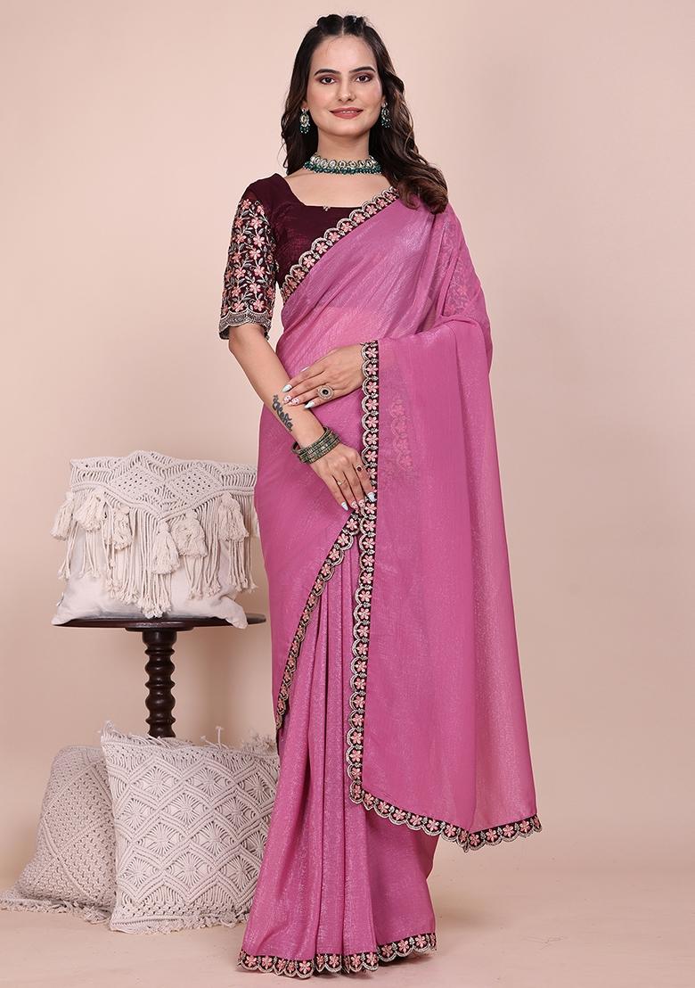 Dusty Pink Embroidered Tissue Crush Saree Set