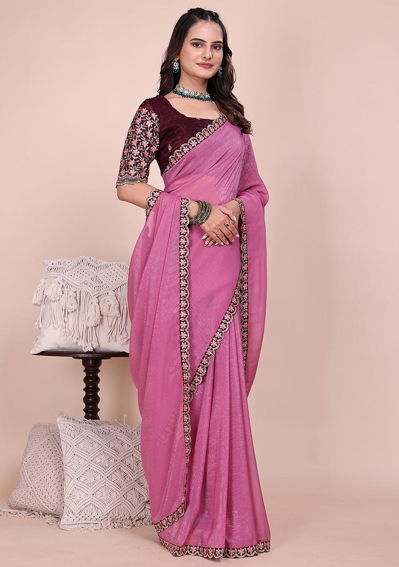 Dusty Pink Embroidered Tissue Crush Saree Set - Indya