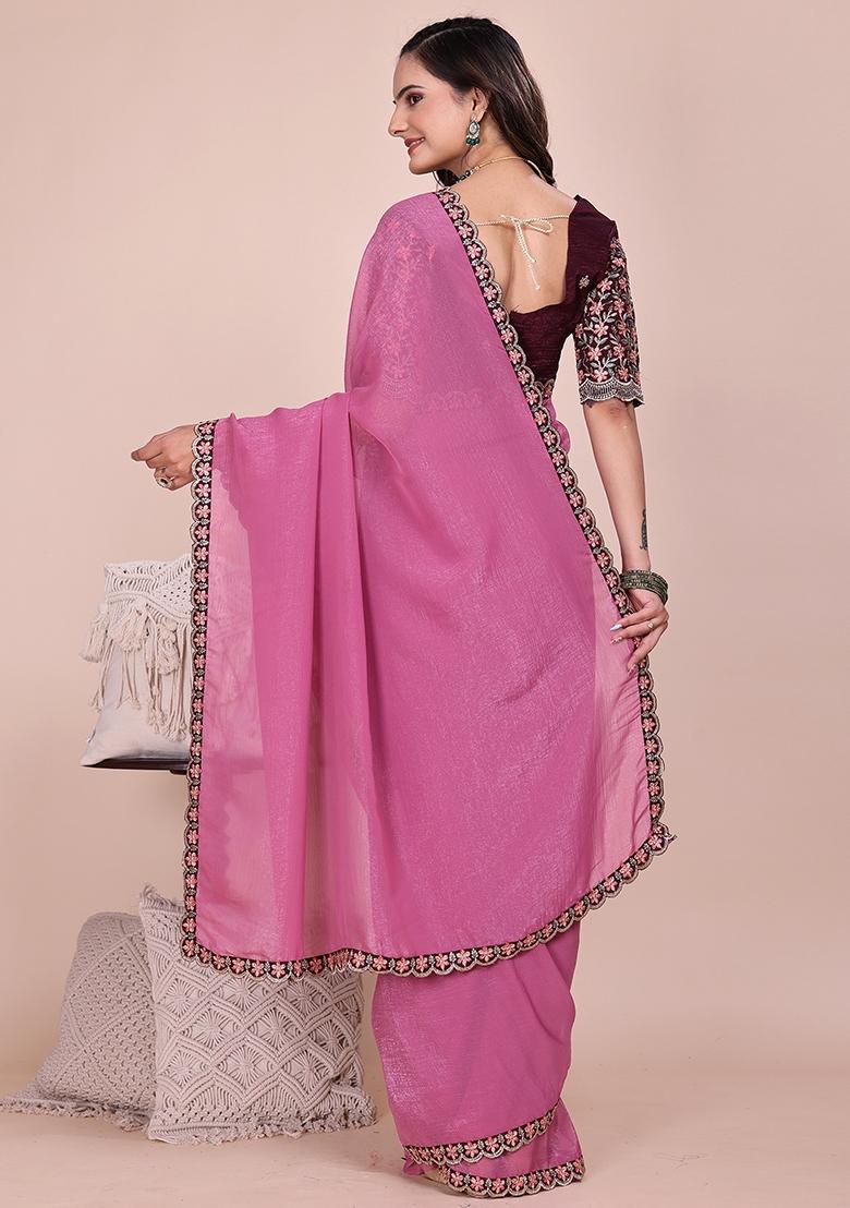 Dusty Pink Embroidered Tissue Crush Saree Set