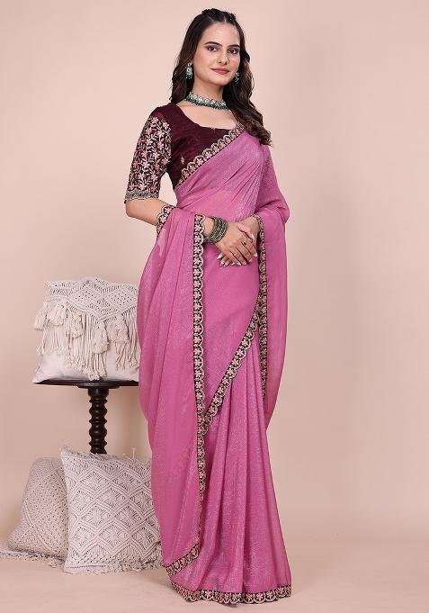 Dusty Pink Embroidered Tissue Crush Saree Set