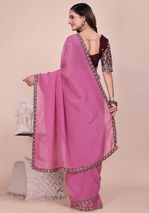 Dusty Pink Embroidered Tissue Crush Saree Set