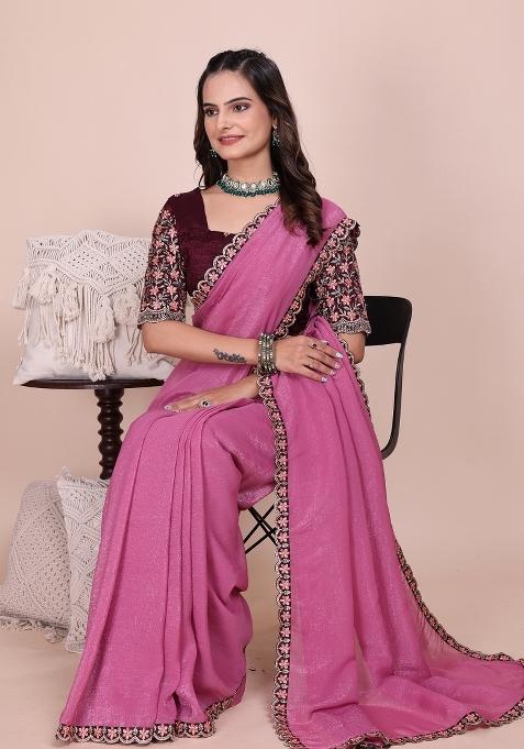 Dusty Pink Embroidered Tissue Crush Saree Set