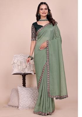 Dusty Pista Embroidered Tissue Crush Saree Set
