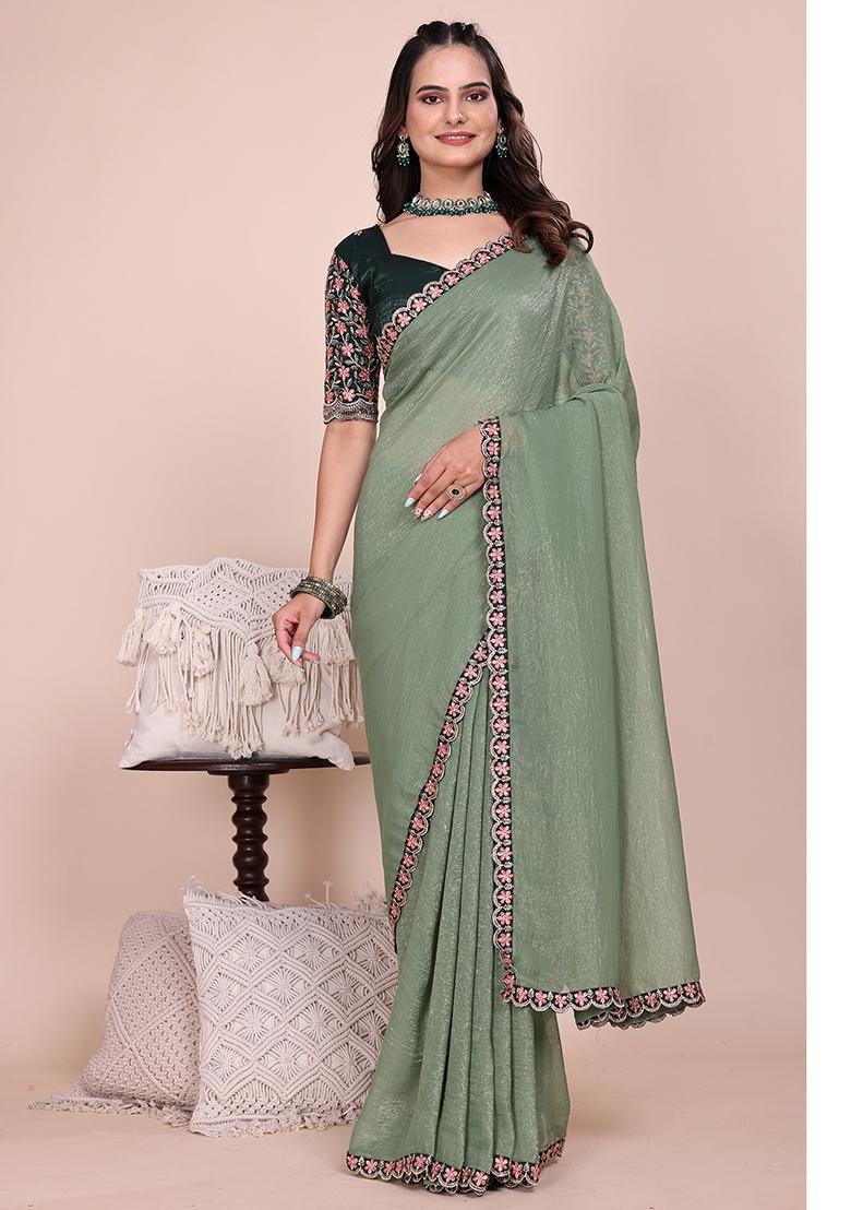Dusty Pista Embroidered Tissue Crush Saree Set