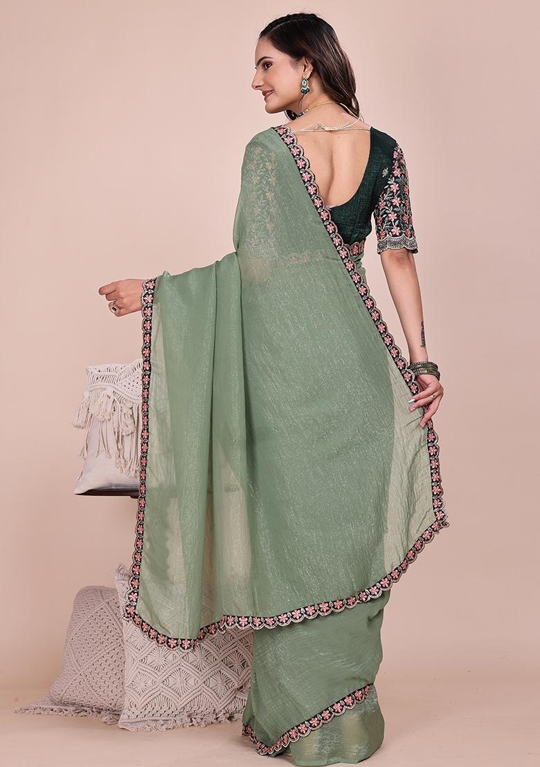 Dusty Pista Embroidered Tissue Crush Saree Set