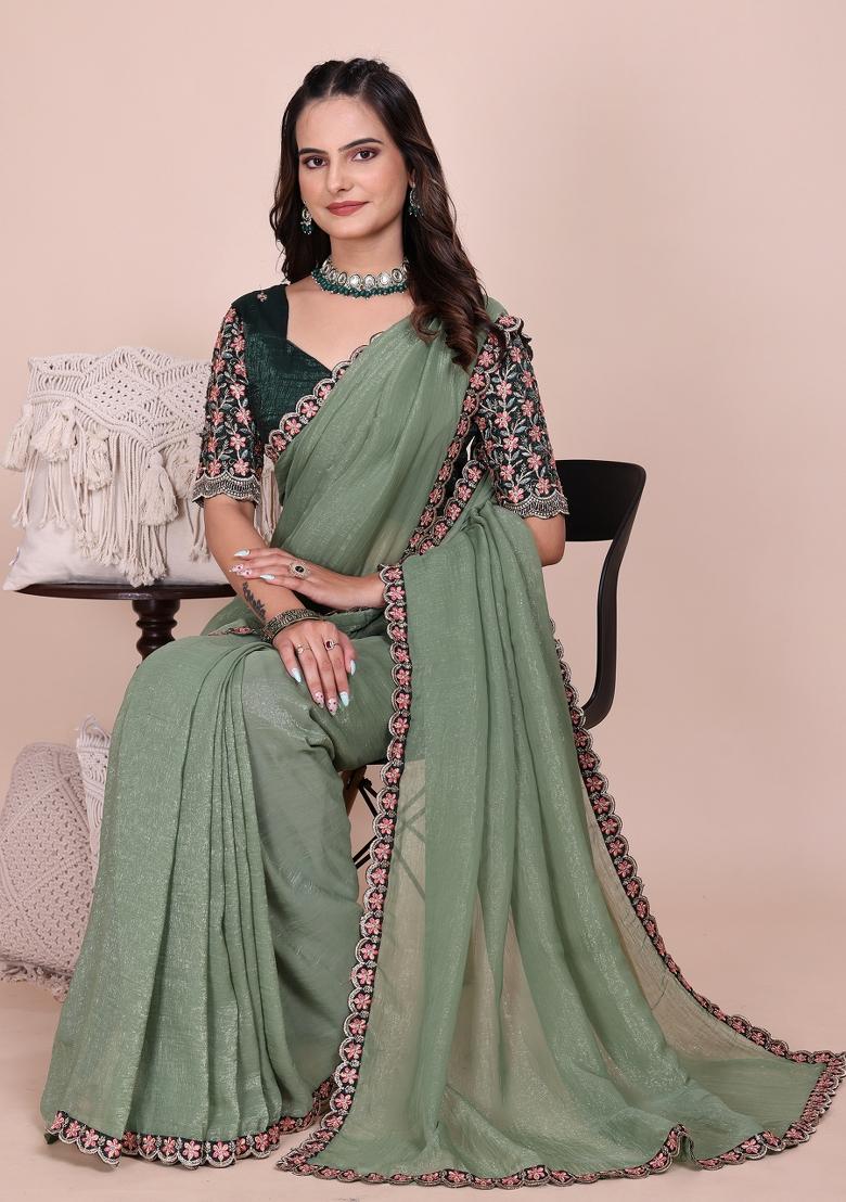 Dusty Pista Embroidered Tissue Crush Saree Set - Indya