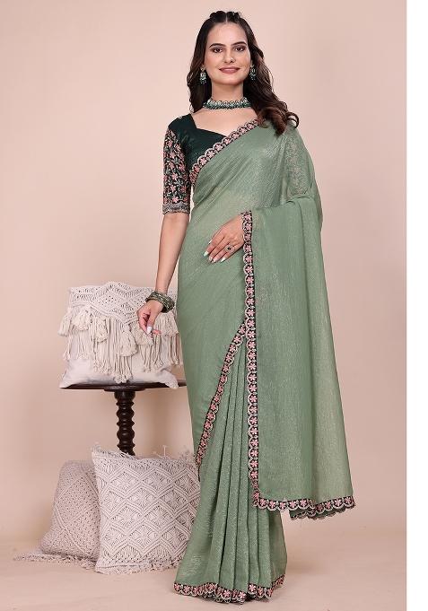 Dusty Pista Embroidered Tissue Crush Saree Set