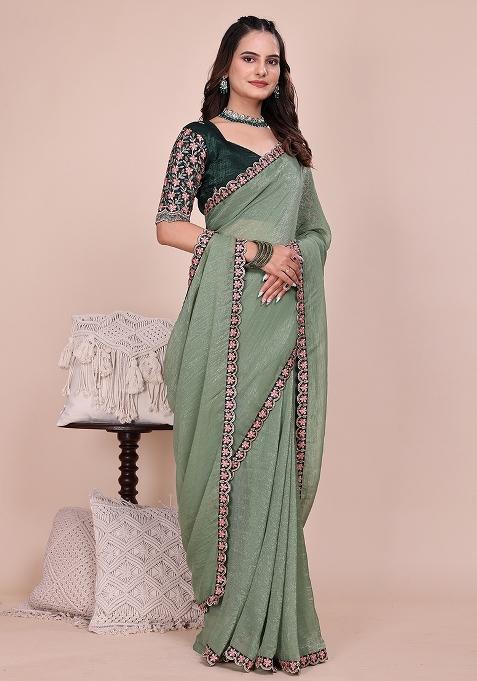 Dusty Pista Embroidered Tissue Crush Saree Set