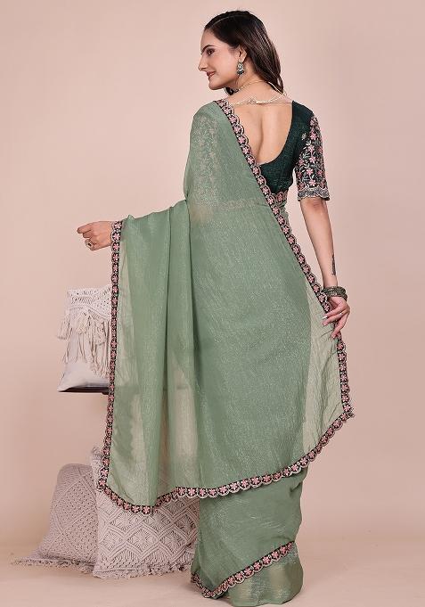 Dusty Pista Embroidered Tissue Crush Saree Set