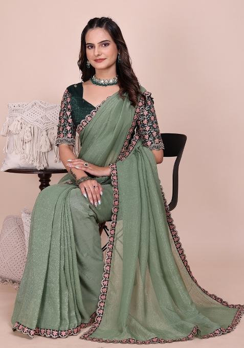 Dusty Pista Embroidered Tissue Crush Saree Set