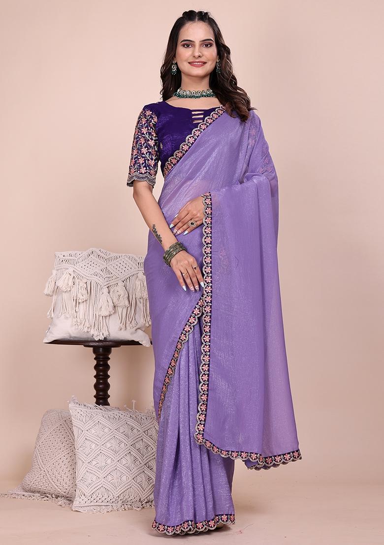Purple Embroidered Tissue Crush Saree Set