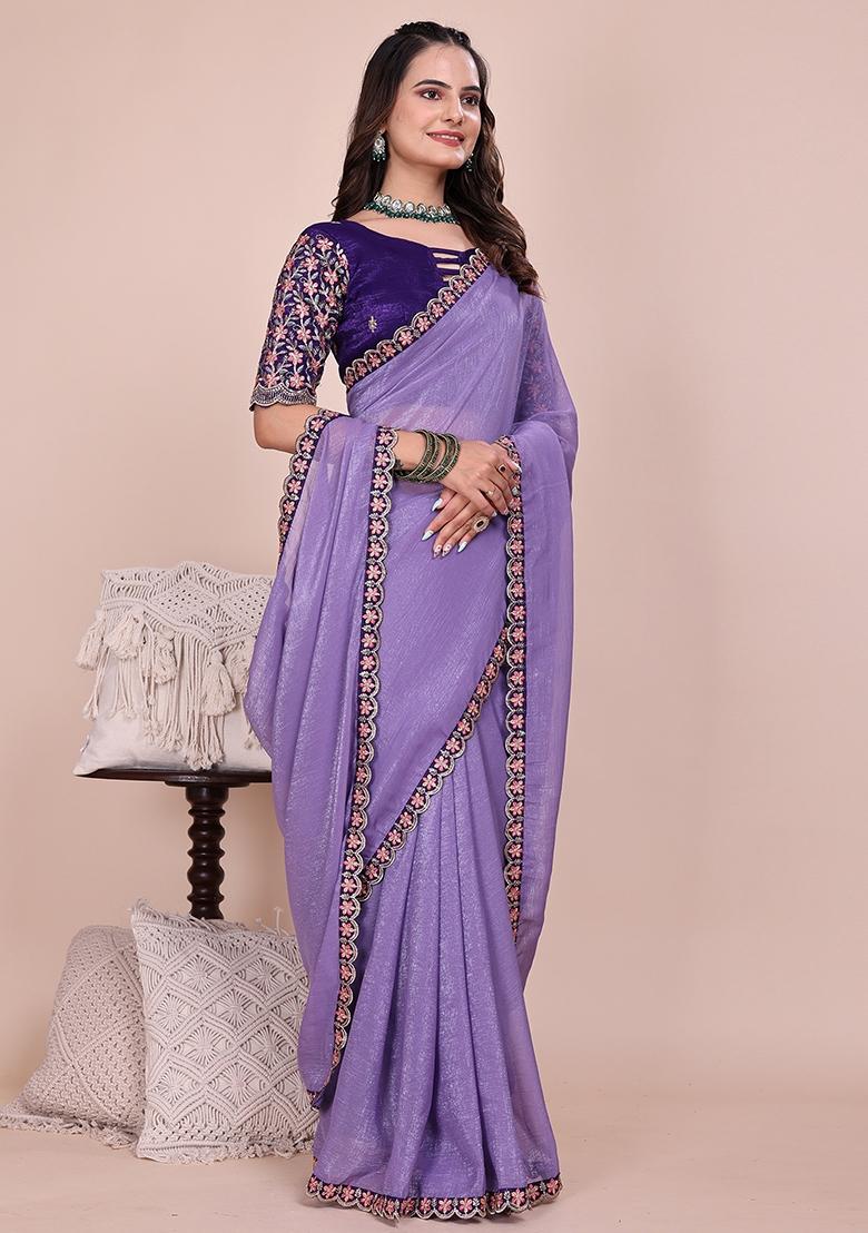Purple Embroidered Tissue Crush Saree Set